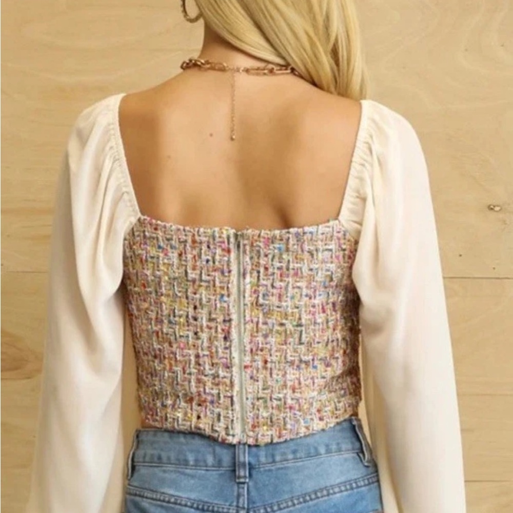 Multicolor Tweed Square-Neck Crop Top with Ivory Long Sleeves - Picture 2 of 7